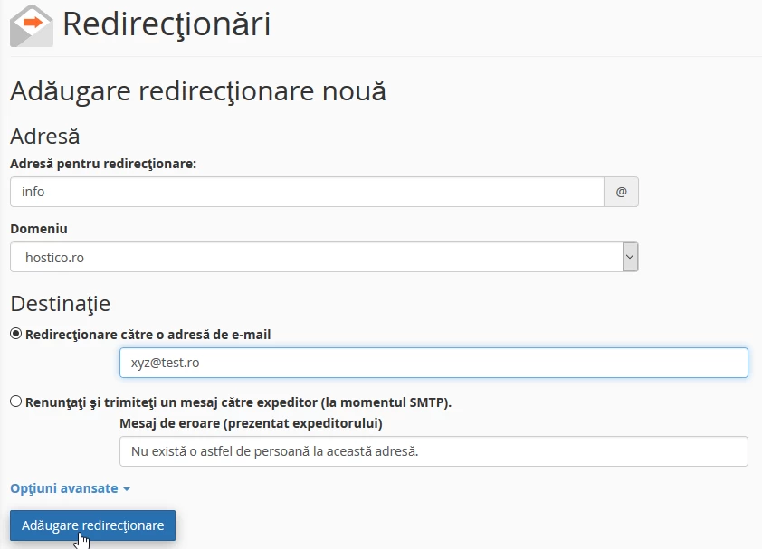 Adaugare redirectionare catre e-mail dorit