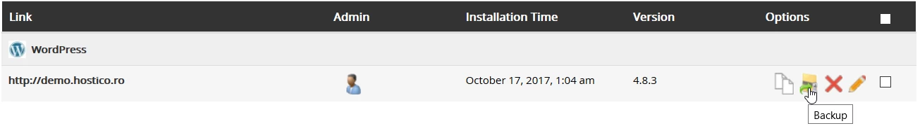 Softaculous lietojumprogrammas dublēšanas sadaļa