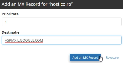Adaugare MX record domeniu