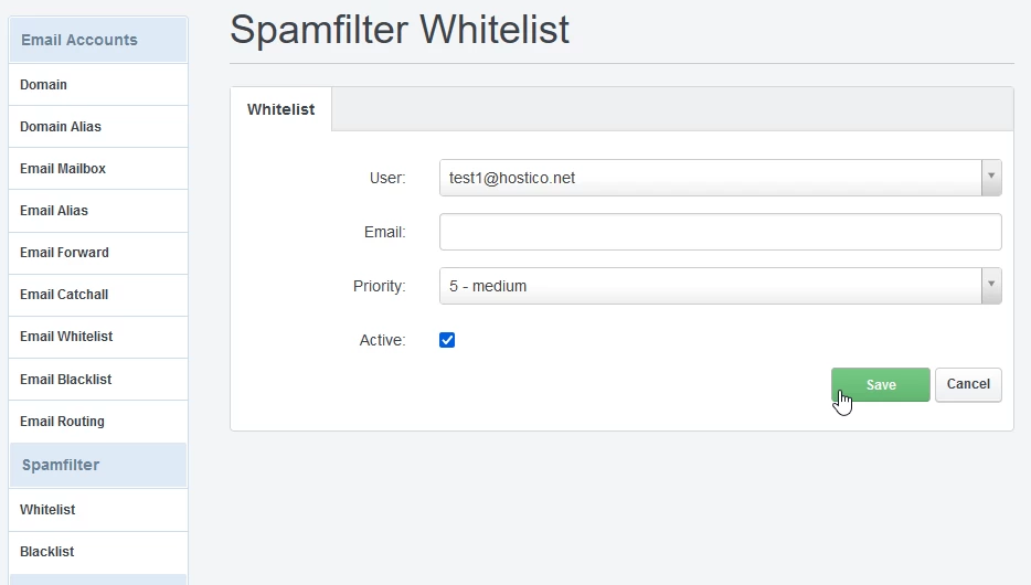 Salvare setări Whitelist ISPConfig